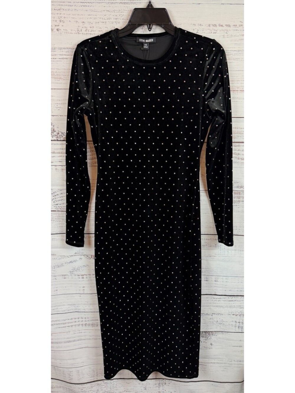 STEVE MADDEN black velvet rhinestone bodycon long sleeve midi dress size XS NWT